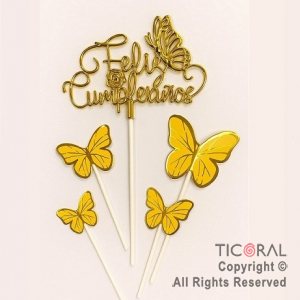 CAKE TOPPER CON 4 MARIPOSAS DORADO Y FELIZ CUMPLEA�OS CURSIVA ORO METALIZADO